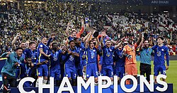 Chelsea players celebrating their first FIFA Club World Cup title (2021) after beating Brazilian side Palmeiras in the final