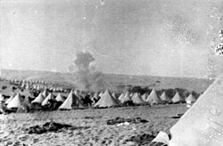 Romani 1 June 1916 bombs falling on B Squadron, 3rd Light Horse Regiment, 1st Light Horse Brigade tent lines 8 men killed 22 wounded, 36 horses killed 9 wounded, 123 missing