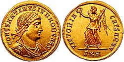 Solidus issued in the name of Constantine II as caesar by Constantine the Great, depicting Victoria on the reverse, one of the last deities to commonly appear on Roman coins, which gradually transformed into an angel under Christian rule[250]