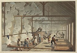 Enslaved people inside a sugar boiling house on the island of Antigua in 1823