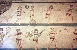 The "bikini girls" mosaic, showing women playing sports, from the Villa Romana del Casale, Italy, Roman province of Sicilia, 4th century AD