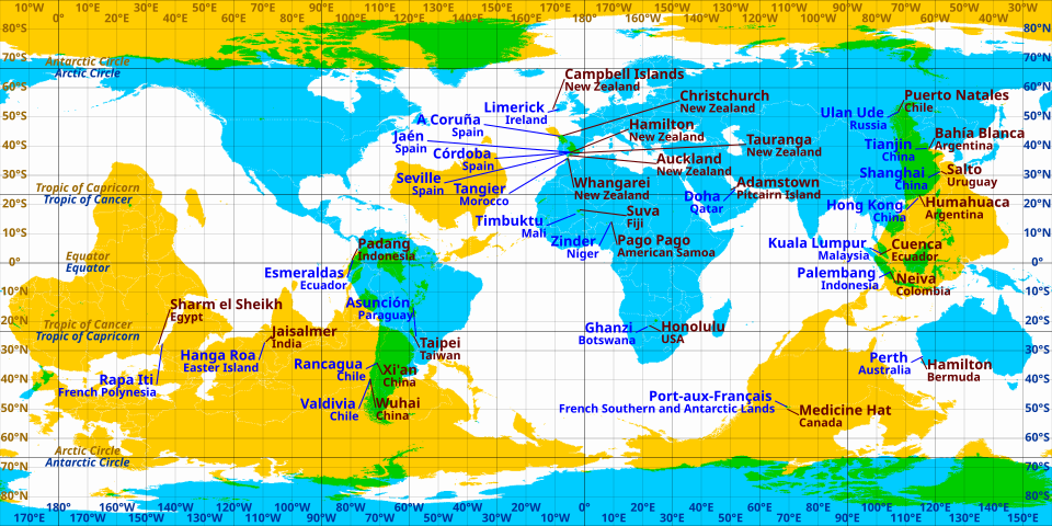 Some cities and towns which are near-antipodes in equirectangular projection. Blue labels pertain to cyan and brown labels pertain to yellow areas. Areas where cyan and yellow overlap (coloured green) are land antipodes.
