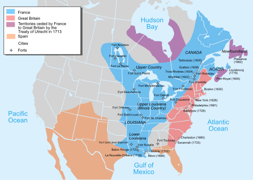 Map of North America in 1750, before the French and Indian War (part of the international Seven Years' War (1756 to 1763)).