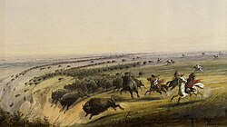 This painting by Alfred Jacob Miller portrays Plains Indians chasing buffalo over a small cliff.[14] The Walters Art Museum.