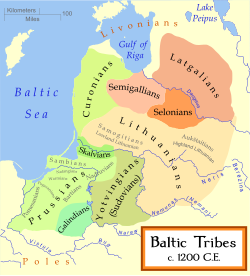 Baltic tribes before the coming of the Teutonic Order (c. 1200 AD). The East Balts are shown in brown hues while the West Balts are shown in green. The boundaries are approximate.