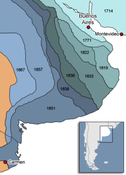 Map of the advance of the Argentina frontier until the establishment of zanja de Alsina.