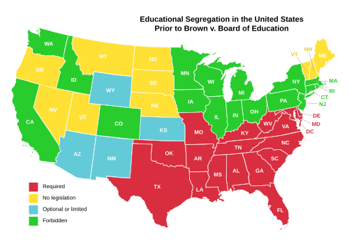 Educational segregation in the US prior to Brown v. Board of Education. All the states of the "South" or with the longest histories of slavery (in red) segregated schools by law statewide.