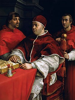 Pope Leo X with his cousins Giulio de' Medici (left, the future Pope Clement VII) and Luigi de' Rossi (right), whom he appointed as cardinal-nephews