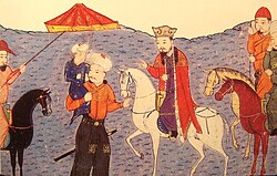 Ghazan as a child, in the arms of his father Arghun, standing next to Arghun's father Abaqa, mounted on a horse