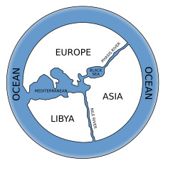 Reconstruction of an early world map made by Anaximander of the 6th century BCE, dividing the known world into three large landmasses, one of which was named Europe