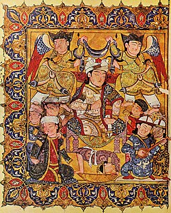 Mamluk court scene, with possible depiction of Mamluk Sultan al-Nasir Muhammad.[75][76] Probably Egypt, dated 1334. Maqamat of al-Hariri.[77] "In the paintings the facial cast of these [ruling] Turks is obviously reflected, and so are the special fashions and accoutrements they favored".[78] The brimmed hats in the bottom right corner are Mongol.[79] Al-Nasir Muhammad was himself of Kipchak (Turkic) and Mongol descent.[80]