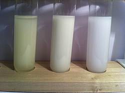 The three common silver halide precipitates: from left to right, silver iodide, silver bromide, and silver chloride