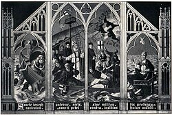 Pope Leo XIII, as Bishop of Rome and successor of the Apostle Peter, represented as guiding the ship of God's Church (painting by Friedrich Stummel in Kevelaer Shrine 1903).[38][full citation needed]