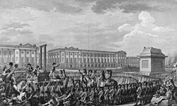 Execution of Louis XVI in the Place de la Concorde, facing the empty pedestal where the statue of his grandfather Louis XV previously stood