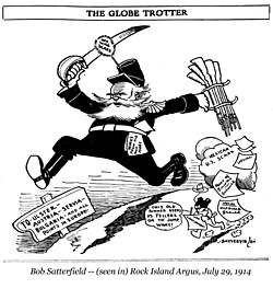 Cartoon titled "The Globe Trotter" in U.S. newspaper Rock Island Argus on 29 July 1914 depicting "General War Scare" running from resolved US-Mexico tension to "all points in Europe"