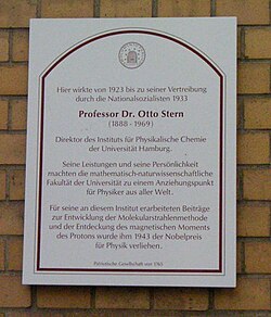 Plaque on the wall of what are now the physics institutes of Hamburg University, commemorating Stern's tenure.