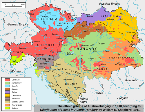 Ethnolinguistic map comprising the territories of Austria-Hungary (1910), with German-speaking areas shown in red
