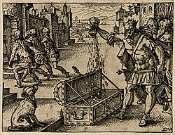 The Roman emperor Valens pours money into a coffer, etching by C. Murer after himself, c. 1600–1614.