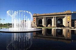 Fountains are in the street in front of Union Station (2012).