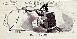 Cartoon showing a Prussian painting a map of Germany in "Berlin blue" (1866)