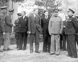 Marshall with Joseph Stalin, Vyacheslav Molotov, and Harry Hopkins at the Tehran Conference in Iran, December 1943