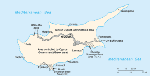 A map showing the division of Cyprus
