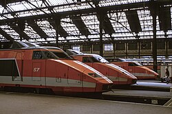 Three TGV trains at Gare de Lyon station in Paris, 1985