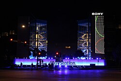 Event lighting being set up at SIE headquarters on the evening of November 8, 2020; four days before the launch