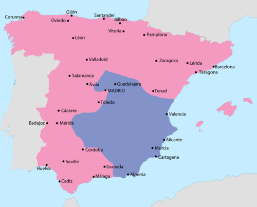 Map showing Spain in February 1939: Area under Nationalist control Area under Republican control