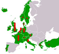Map of Cold War-era Europe and the Near East showing countries that received Marshall Plan aid. The red columns show the relative amount of total aid received per nation.