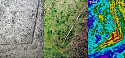The residual foundations of a double-walled enclosure in the near infrared, visible spectrum and the thermal infrared.