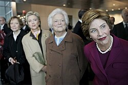 First ladies (from left to right) Rosalynn Carter, Sen. Hillary Clinton, Barbara Bush and first lady Laura Bush at the opening of the Clinton Presidential Center in 2004