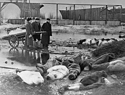 Three men burying victims of Leningrad's siege, in which about 1 million civilians died