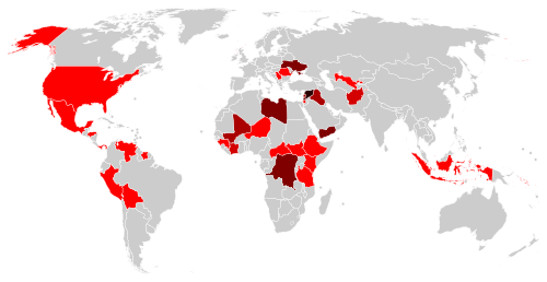 Countries with World Heritage Sites in danger. Number of sites indicated by colour: Six or more sites Five sites Four sites Three sites Two sites One site