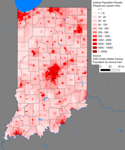 Population density in Indiana as of the 2020 U.S. census