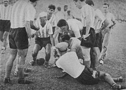 Argentine goalkeeper Sebastián Gualco injured in the second match of the 1939 Copa Roca