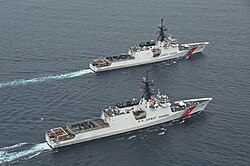 National Security cutters, the USCGC Bertholf and USCGC Waesche, cruise together.