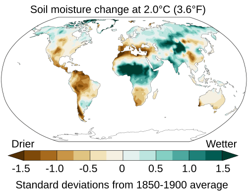 Impacts of climate change on soil moisture at 2 °C of global warming. A reduction of one standard deviation means that average soil moisture will approximate the ninth driest year between 1850 and 1900.