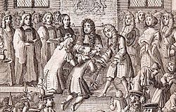 Charles performing the royal touch; engraving by Robert White, 1684
