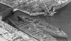 Unfinished Bayern-class battleship Württemberg (right) and the Mackensen-class battlecruiser Prinz Eitel Friedrich in Hamburg after the war, in about 1920