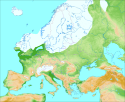 Map of Europe during the Würm glaciation 70–20 thousand years ago