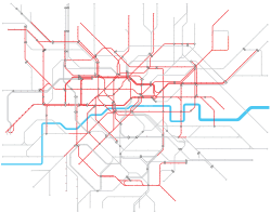 The London railway, underground, light rail and tram network, with those services every 10 minutes or less in red