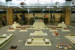 Model of the Templo Mayor of Tenochtitlan displayed at Zócalo/Tenochtitlan station. Such displays in some stations are an opportunity to educate Metro riders about the city's history.