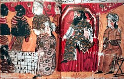 King Khosrow sits before the chessboard, while his vizir and the Indian envoy of Kannauj are playing chess. Shahnama, 10th century CE.[109]