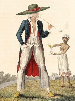An illustration of a Dutch plantation owner and slave from William Blake's illustrations of the work of John Gabriel Stedman, first published in 1792–1794