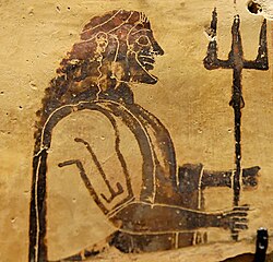 Poseidon carrying a trident. Corinthian plate 550-525 BC, from Pentescouphia, Louvre