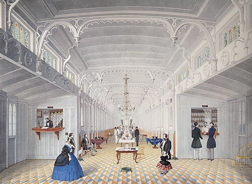 "Saloon of Mississippi River Steamboat Princess" (Marie Adrien Persac, 1861), showing elaborate interior of a prewar Mississippi steamboat