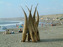 Caballito de totora in the Peruvian beach of Huanchaco.