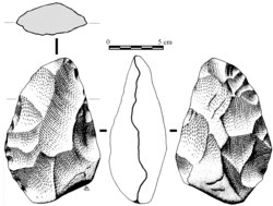 Hand axe formed using a hard hammer. The edges have also been worked using a hard hammer.