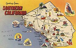 Curt Teich map postcard depicting SoCal attractions